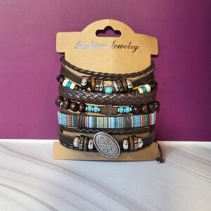 Leather Stack Multi Layer Bracelet Set Unisex OS Leather Wood Bead Boho Tribal